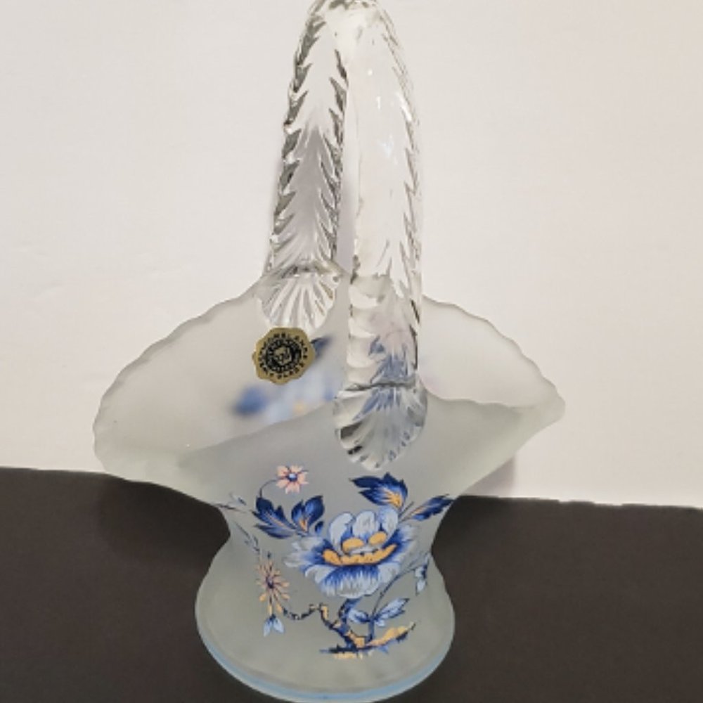 Westmoreland Satin Glass Basket Handled Vase 1970's Blue Floral